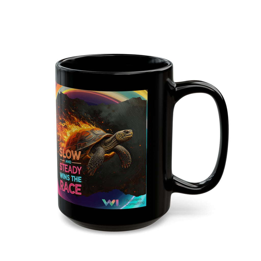 Slow and Steady Turtle Coffee Mug – Inspirational Motivational Black Mug (11oz, 15oz)