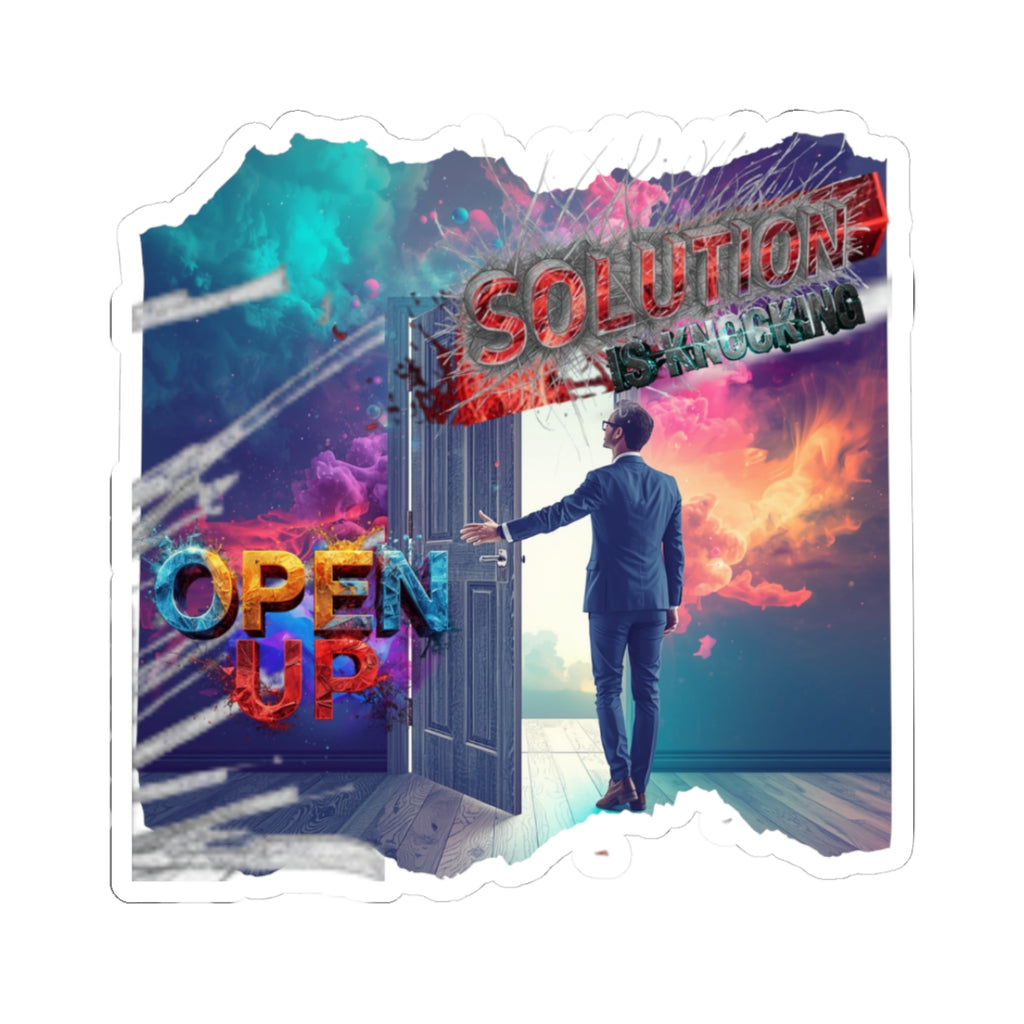 Inspiring 'Open Up' Motivational Sticker — Man Opening Door to Solutions
