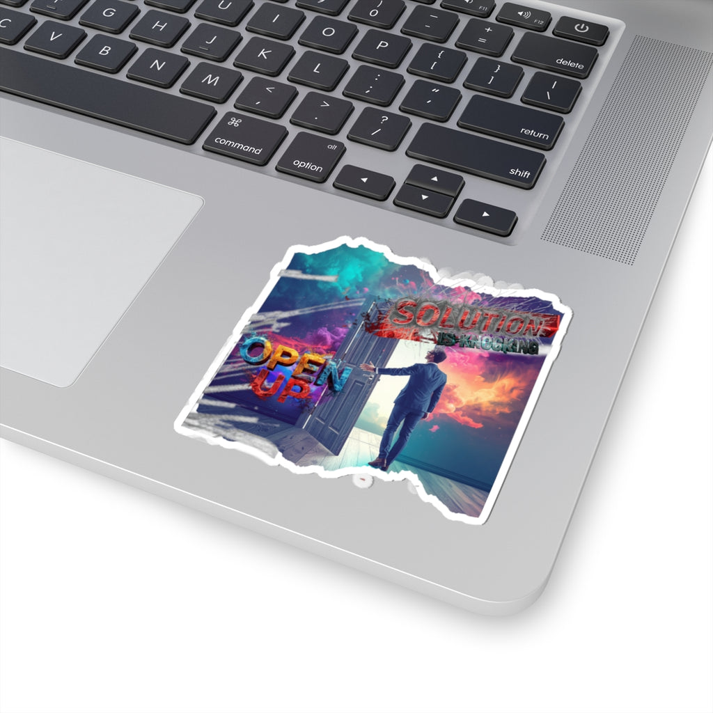 Inspiring 'Open Up' Motivational Sticker — Man Opening Door to Solutions
